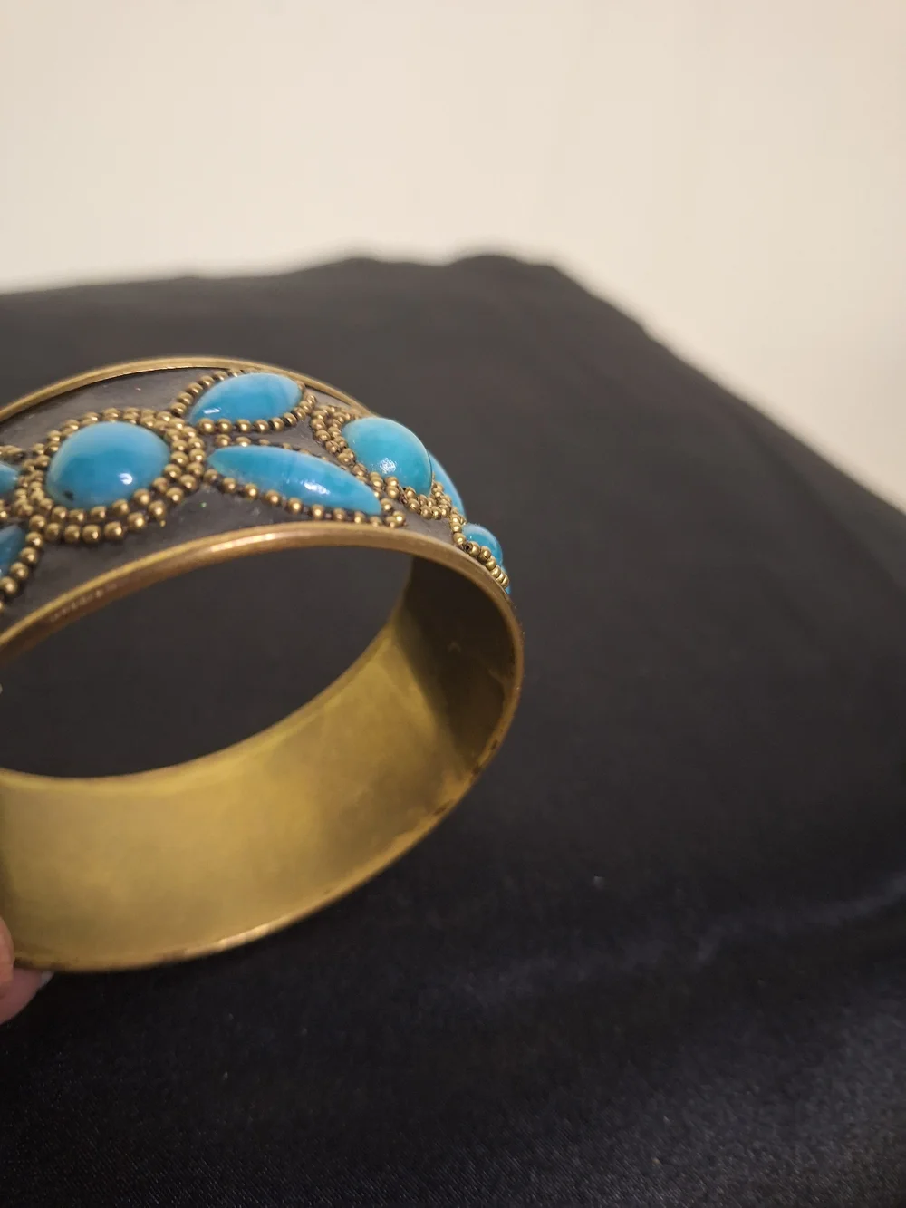 Brass Bangle Bracelet with Bright Turquoise Cabochons
